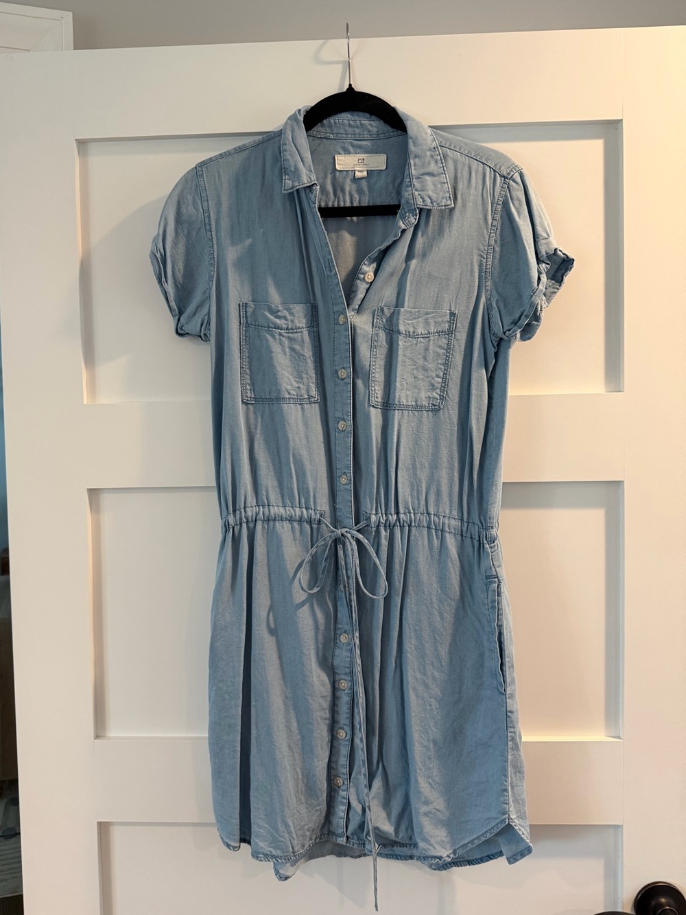 Light Blue Button-Front Shirt Dress with Drawstring Waist